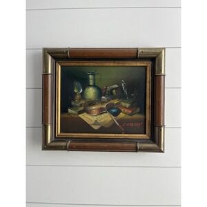 Oil Painting Signed L.‎ Habady on Canvas Jug Violin Books